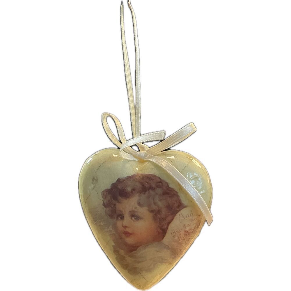 Midwest Imports Victorian Angel Paper Mache Hanging‎ Ornament Heart Shaped Cream